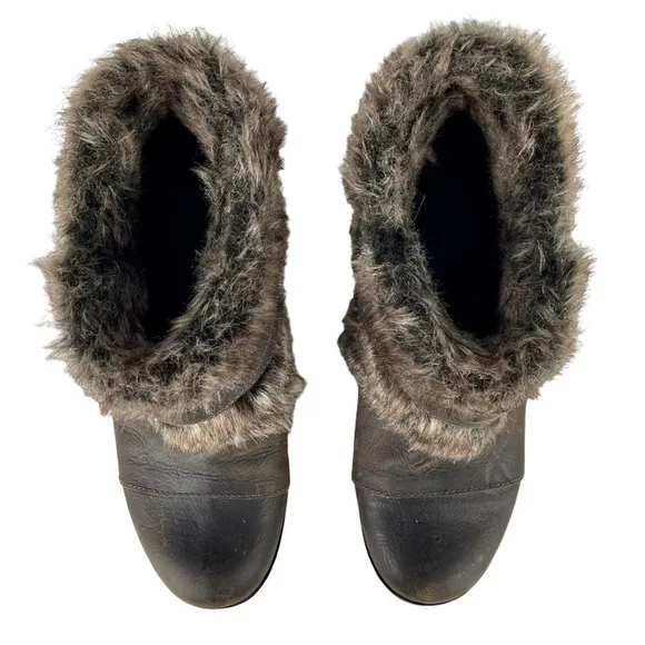 SOREL JOAN OF ARCTIC WEDGE ANKLE APRES SKI FAUX FUR BROWN LEATHER ANKLE BOOTS