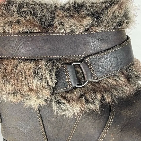 SOREL JOAN OF ARCTIC WEDGE ANKLE APRES SKI FAUX FUR BROWN LEATHER ANKLE BOOTS