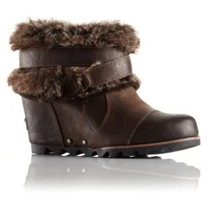 SOREL JOAN OF ARCTIC WEDGE ANKLE APRES SKI FAUX FUR BROWN LEATHER ANKLE BOOTS