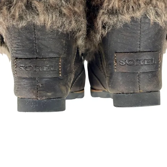 SOREL JOAN OF ARCTIC WEDGE ANKLE APRES SKI FAUX FUR BROWN LEATHER ANKLE BOOTS