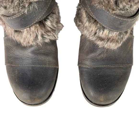 SOREL JOAN OF ARCTIC WEDGE ANKLE APRES SKI FAUX FUR BROWN LEATHER ANKLE BOOTS