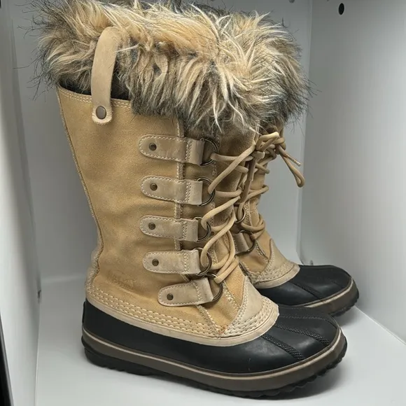 Sorel Joan of Artic Women's Tan Suede Faux Fur Waterproof Winter Boots Size 7