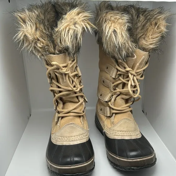 Sorel Joan of Artic Women's Tan Suede Faux Fur Waterproof Winter Boots Size 7