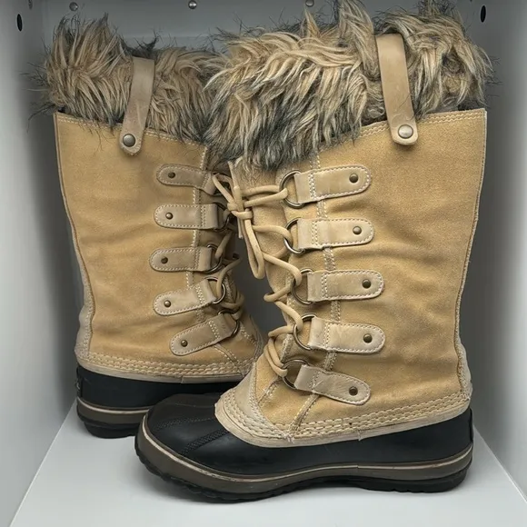 Sorel Joan of Artic Women's Tan Suede Faux Fur Waterproof Winter Boots Size 7