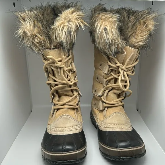 Sorel Joan of Artic Women's Tan Suede Faux Fur Waterproof Winter Boots Size 7