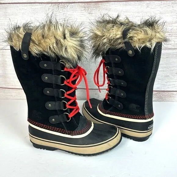 Sorel Joan Of Arctic Winter Waterproof Lace Up Black Suede Faux Fur Trim Boots 7