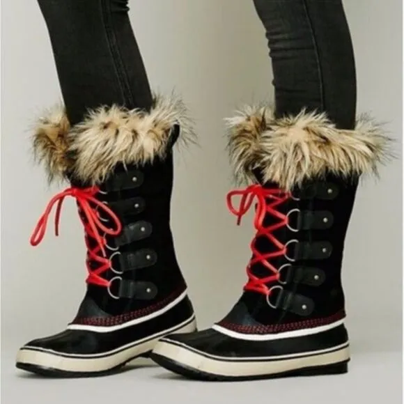 Sorel Joan Of Arctic Winter Waterproof Lace Up Black Suede Faux Fur Trim Boots 7