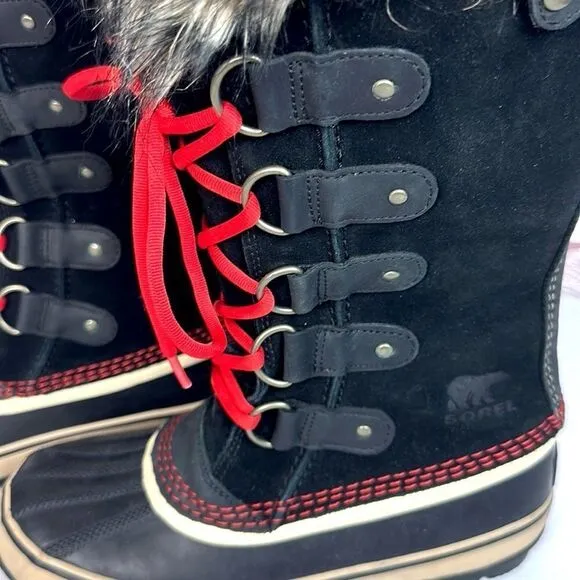 Sorel Joan Of Arctic Winter Waterproof Lace Up Black Suede Faux Fur Trim Boots 7