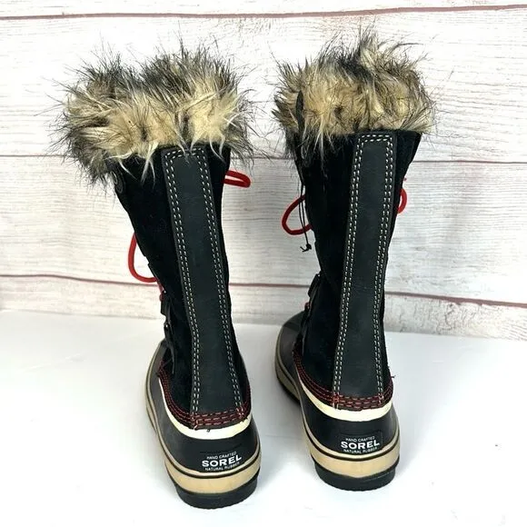 Sorel Joan Of Arctic Winter Waterproof Lace Up Black Suede Faux Fur Trim Boots 7