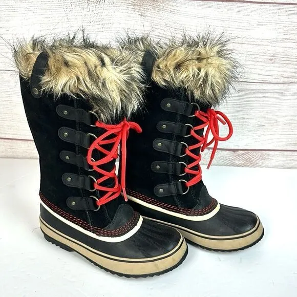 Sorel Joan Of Arctic Winter Waterproof Lace Up Black Suede Faux Fur Trim Boots 7