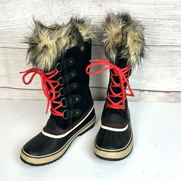 Sorel Joan Of Arctic Winter Waterproof Lace Up Black Suede Faux Fur Trim Boots 7
