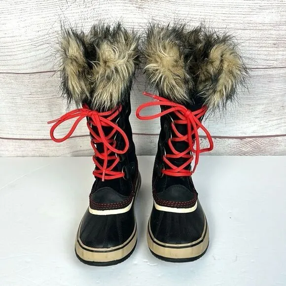 Sorel Joan Of Arctic Winter Waterproof Lace Up Black Suede Faux Fur Trim Boots 7