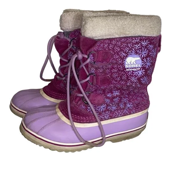 Sorel Pink Waterproof Winter Snow Boots Snowflake Youth Size 6
