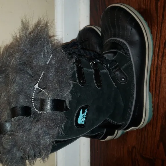 Sorel Tofino Boots Suede Leather fur Black blue gray 5 6.5