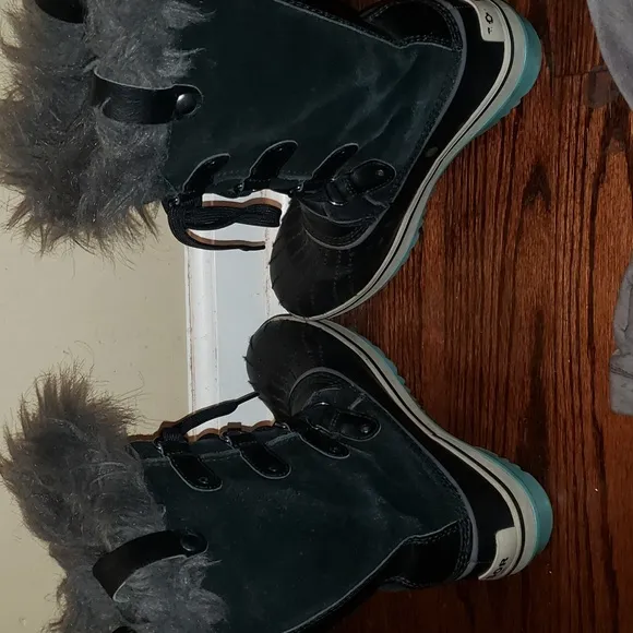 Sorel Tofino Boots Suede Leather fur Black blue gray 5 6.5