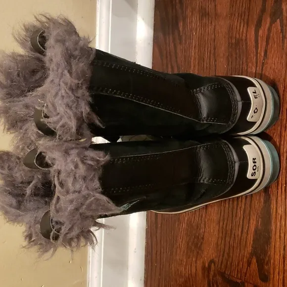Sorel Tofino Boots Suede Leather fur Black blue gray 5 6.5