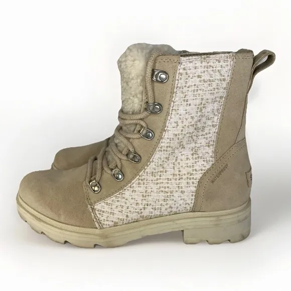 Sorel Women's 9 Lennox Cozy Rain Snow Boots Waterproof Pink Beige Chunky Combat