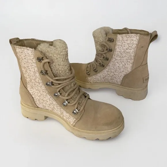 Sorel Women's 9 Lennox Cozy Rain Snow Boots Waterproof Pink Beige Chunky Combat