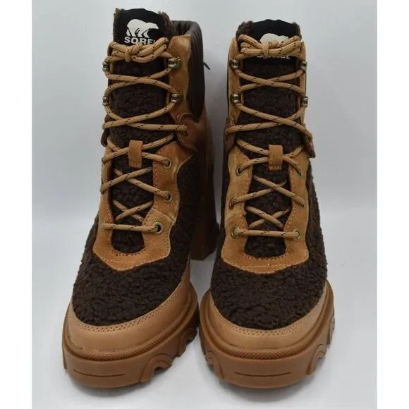 Sorel Womens Size 10.5 Brex Heel Cozy Lace Buff Brown Waterproof Leather Boots