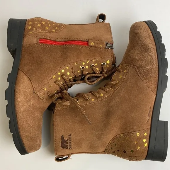 Sorel Youth Emelie Short Lace Velvet Tan Girls Boots Size 5 Stars Waterproof