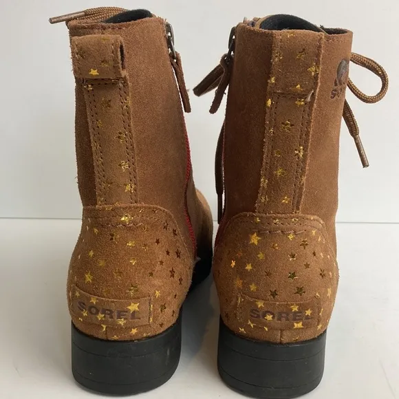 Sorel Youth Emelie Short Lace Velvet Tan Girls Boots Size 5 Stars Waterproof