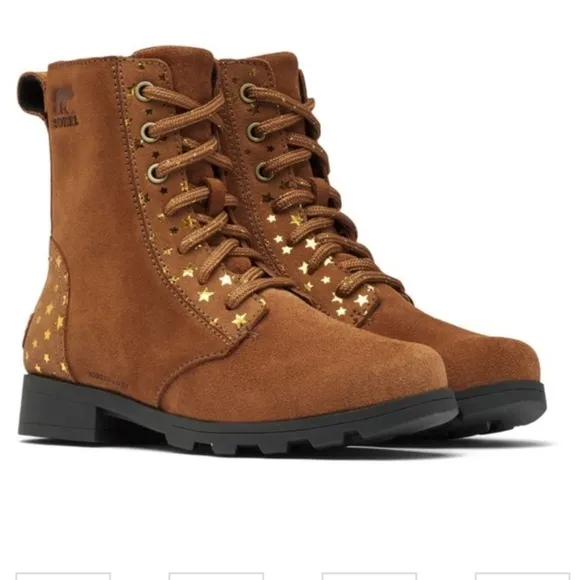 Sorel Youth Emelie Short Lace Velvet Tan Girls Boots Size 5 Stars Waterproof