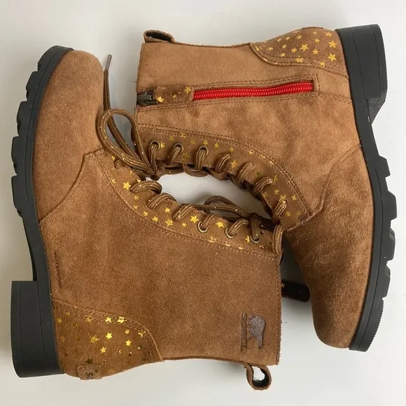 Sorel Youth Emelie Short Lace Velvet Tan Girls Boots Size 5 Stars Waterproof