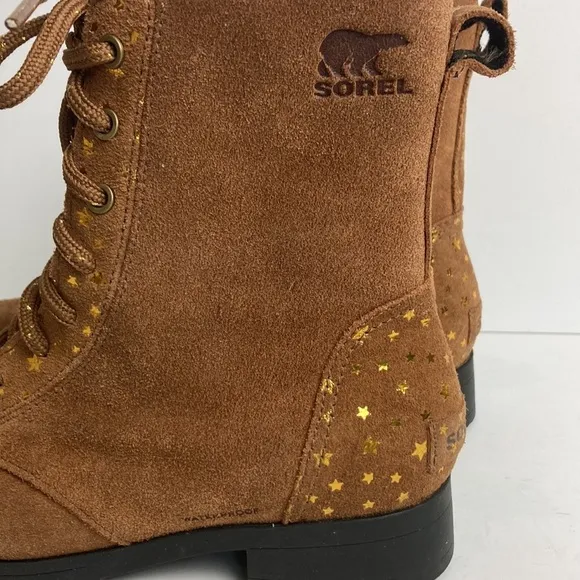 Sorel Youth Emelie Short Lace Velvet Tan Girls Boots Size 5 Stars Waterproof