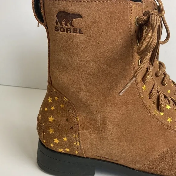 Sorel Youth Emelie Short Lace Velvet Tan Girls Boots Size 5 Stars Waterproof