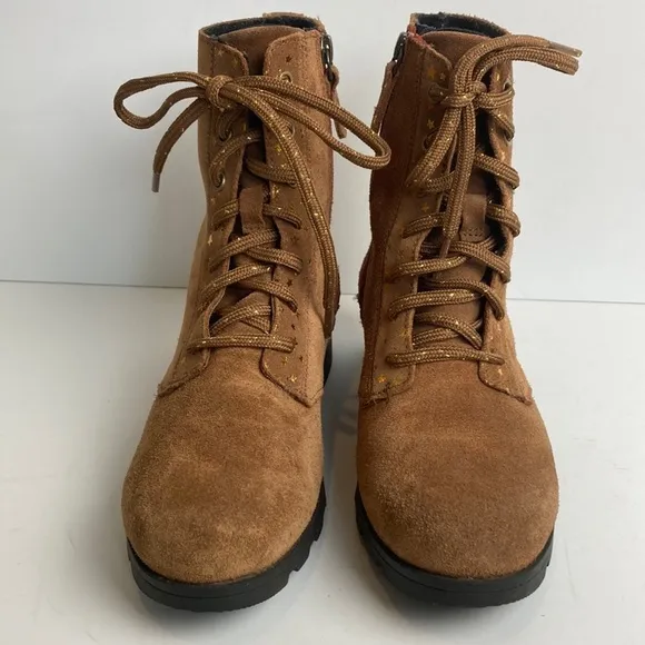 Sorel Youth Emelie Short Lace Velvet Tan Girls Boots Size 5 Stars Waterproof