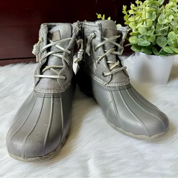 Sperry Top-Sider Saltwater Shimmer Duck Boots Gray Waterproof Rain Boots Size7.5