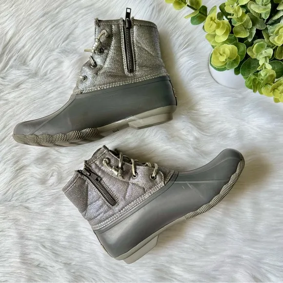 Sperry Top-Sider Saltwater Shimmer Duck Boots Gray Waterproof Rain Boots Size7.5