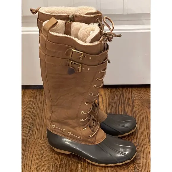 Sperry Topsiders Women’s Real Fur Lace Up Waterproof Rubber Boots Size 7.5 Brown