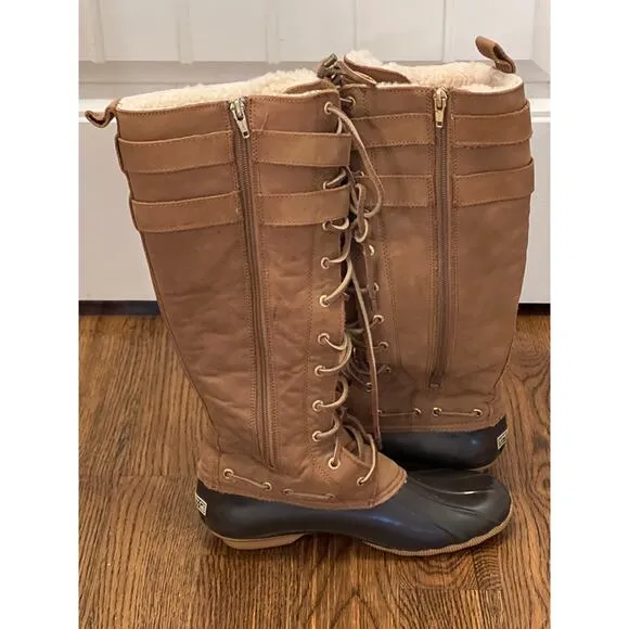 Sperry Topsiders Women’s Real Fur Lace Up Waterproof Rubber Boots Size 7.5 Brown