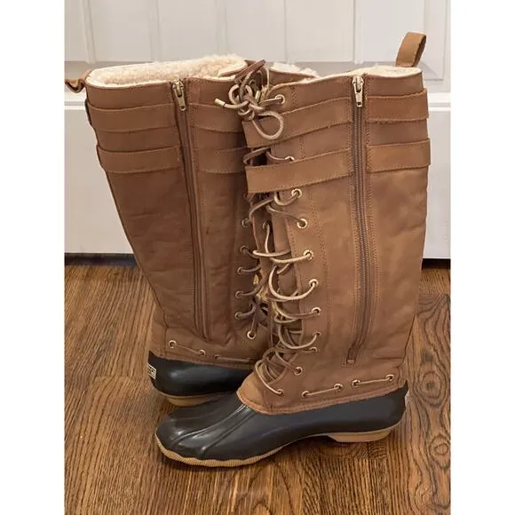 Sperry Topsiders Women’s Real Fur Lace Up Waterproof Rubber Boots Size 7.5 Brown