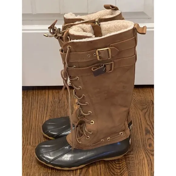 Sperry Topsiders Women’s Real Fur Lace Up Waterproof Rubber Boots Size 7.5 Brown