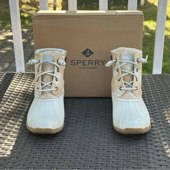 Sperry Wool Buffalo Plaid Saltwater Check Ivory Duck Boots Size 8.5, Women’s New