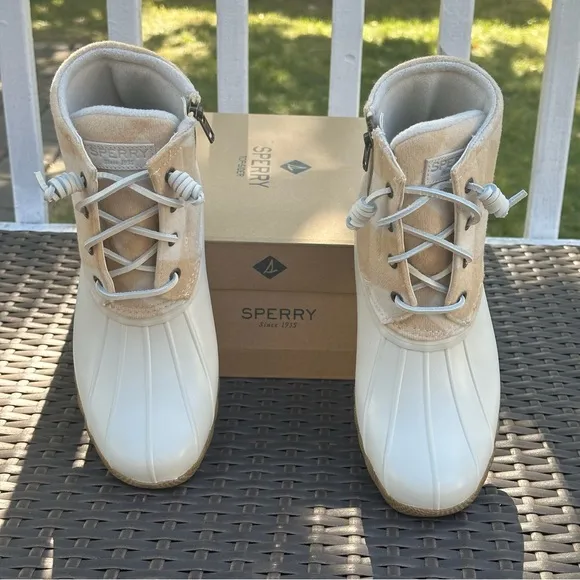Sperry Wool Buffalo Plaid Saltwater Check Ivory Duck Boots Size 8.5, Women’s New