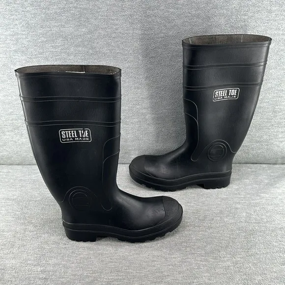 STEEL TOE - Rubber Boots Size 7 Fishing Hunting Black Waterproof MADE IN USA  B1