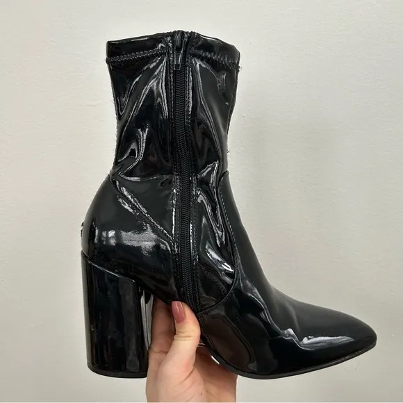 Steve Madden Multiply Black Patent Leather Ankle Boots Block Heel Pointed Toe
