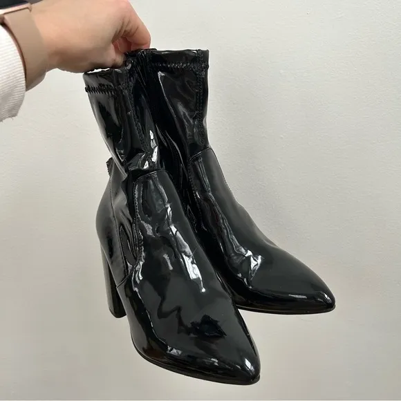 Steve Madden Multiply Black Patent Leather Ankle Boots Block Heel Pointed Toe