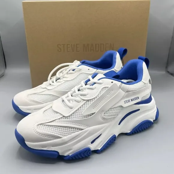 Steve Madden Women Low Top Dad Sneakers Possession-E Various Sizes White Blue