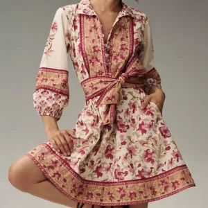Sue Sartor Long-Sleeve Short Flounce Dress in Pink Combo (NWT)