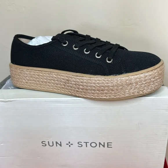 Sun   Stone Indiigo Black Lace-Up Espadrille Canvas Sneakers size 8
