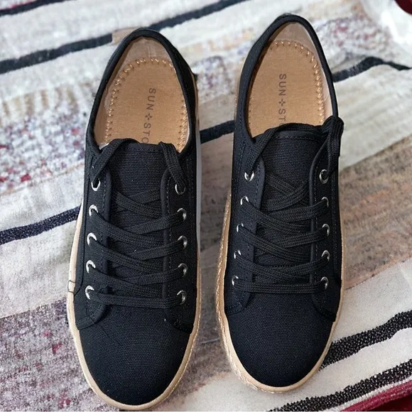 Sun   Stone Indiigo Black Lace-Up Espadrille Canvas Sneakers size 8