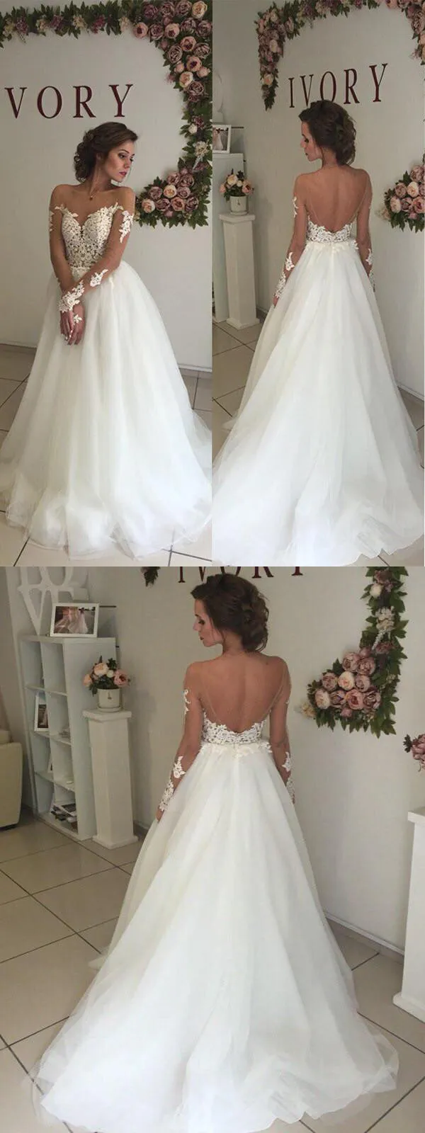 Sweetheart Open Back Sexy A-line White Tulle Lace Long Wedding Party Dresses, WDY0139