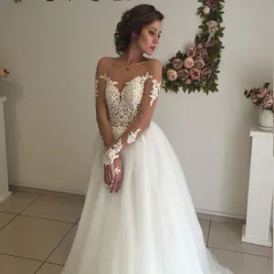 Sweetheart Open Back Sexy A-line White Tulle Lace Long Wedding Party Dresses, WDY0139