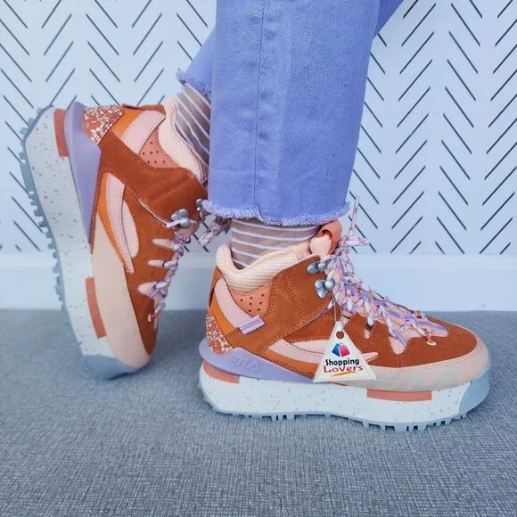 ⭐Sz 7 Fila Renno Multi Trekking Womens shoes Orange Suede Hi Top Chunky Sneakers
