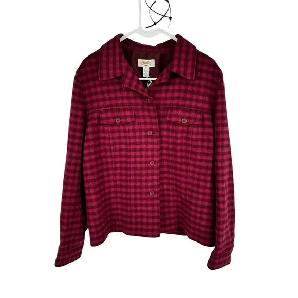 Talbots Cranberry Red Checked‎ Wood Blend Shirt Jacket Shacket Size 16 Holiday