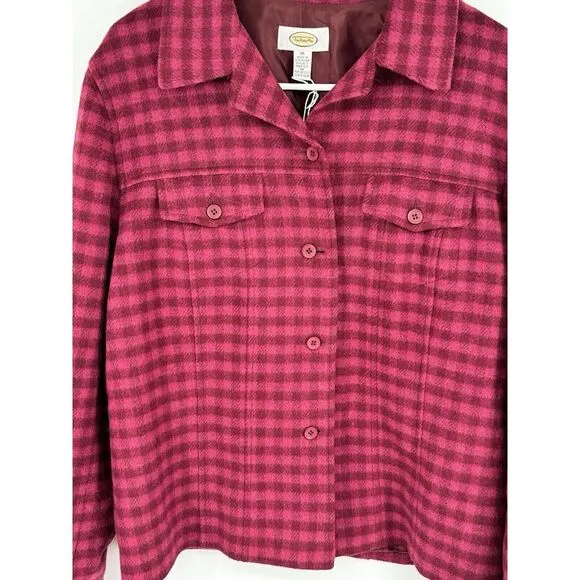 Talbots Cranberry Red Checked‎ Wood Blend Shirt Jacket Shacket Size 16 Holiday
